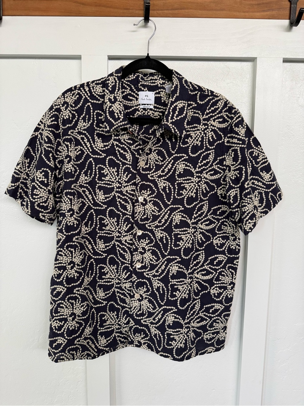 Paul Smith Navy Short Sleeve Button-Front Shirt with Cream Floral Embroidery